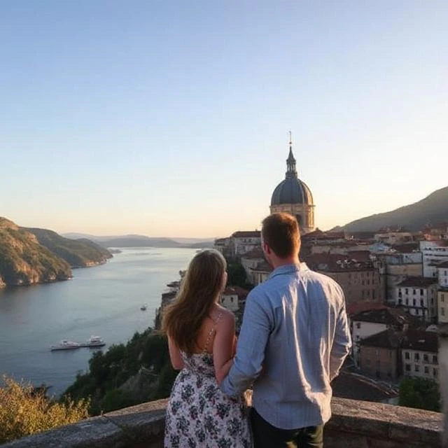 A couple on a ledge admires the city of Borghetto, capturing the essence of French luxury and the allure of Greek coastlines