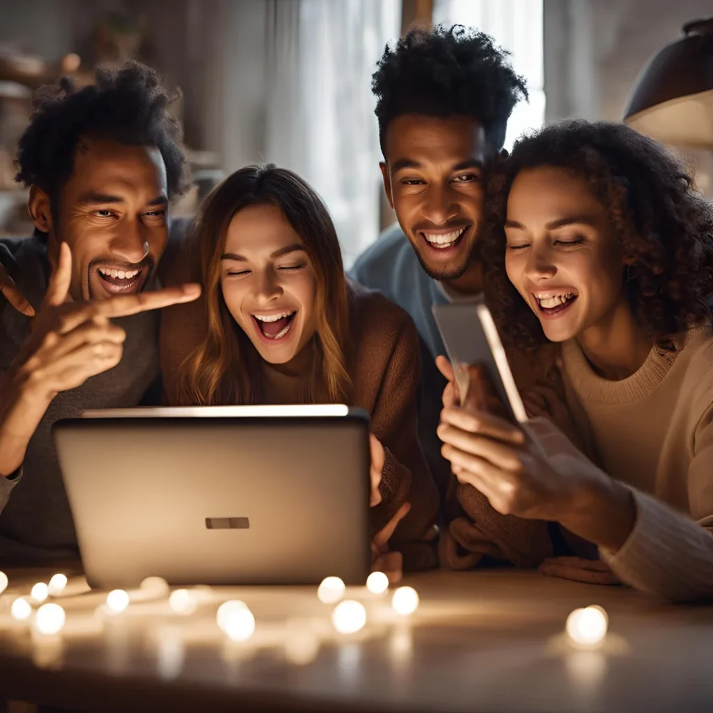 Four friends share a moment as they look at a laptop, uncovering great deals and offers in online shopping.