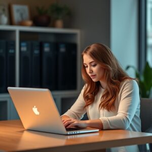 A woman at a table, engaged with her laptop, researching various web hosting plans for her business needs.