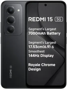 Redmi 15 5G smartphone with dual view: black back featuring triple camera setup and front display highlighting features like 7000mAh battery, 6.9-inch 144Hz display, Royale Chrome Design.