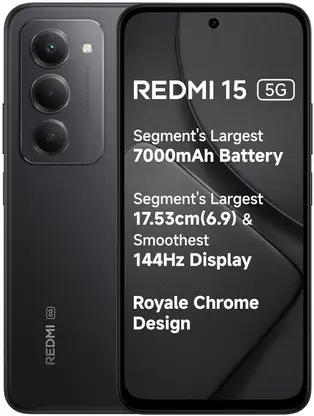Redmi 15 5G smartphone with dual view: black back featuring triple camera setup and front display highlighting features like 7000mAh battery, 6.9-inch 144Hz display, Royale Chrome Design.